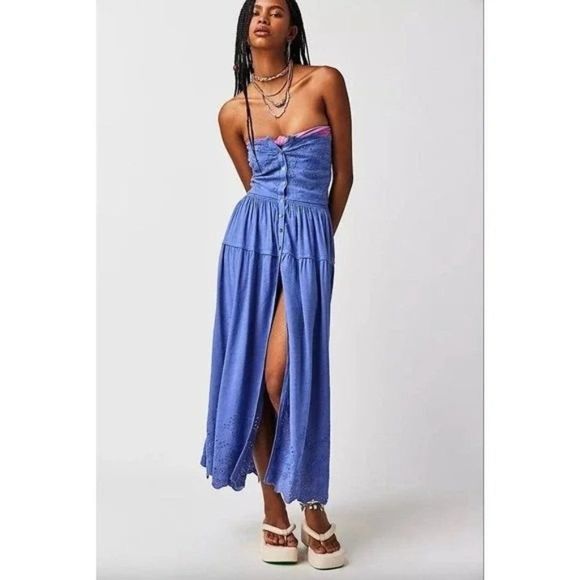 Free People Dresses & Skirts - Free People Evelyn Eyelet Midi Dress in Periwinkle Blue Size XS NWT Strapless